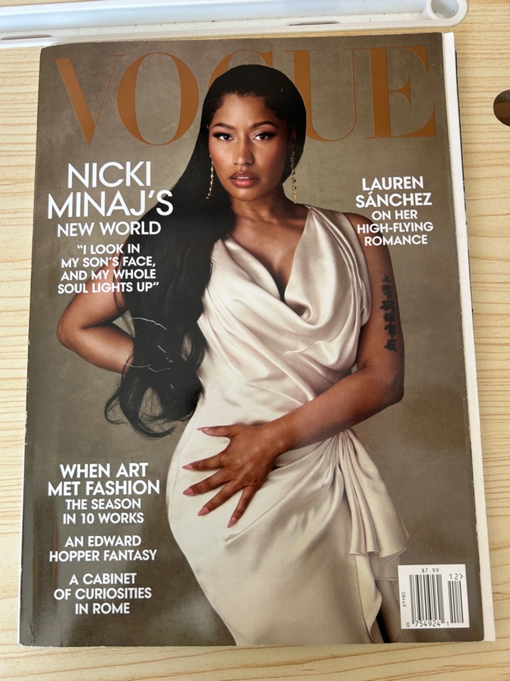 Vogue - Ivory Satin Gown with Gold Logo Featuring Nicki Minaj December 2023